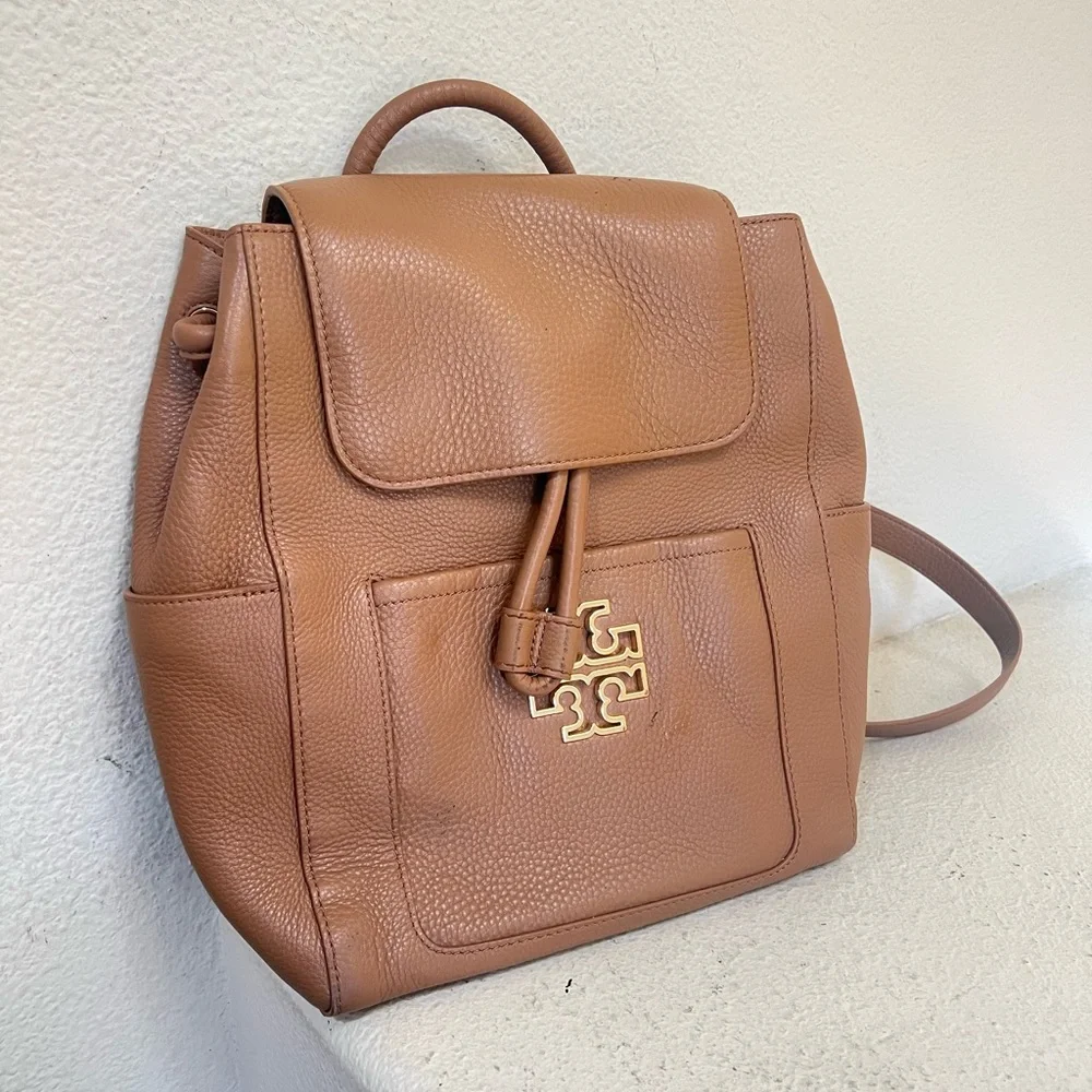 Tory Burch Britten Leather tan‎ brown Large Backpack  classic casual work